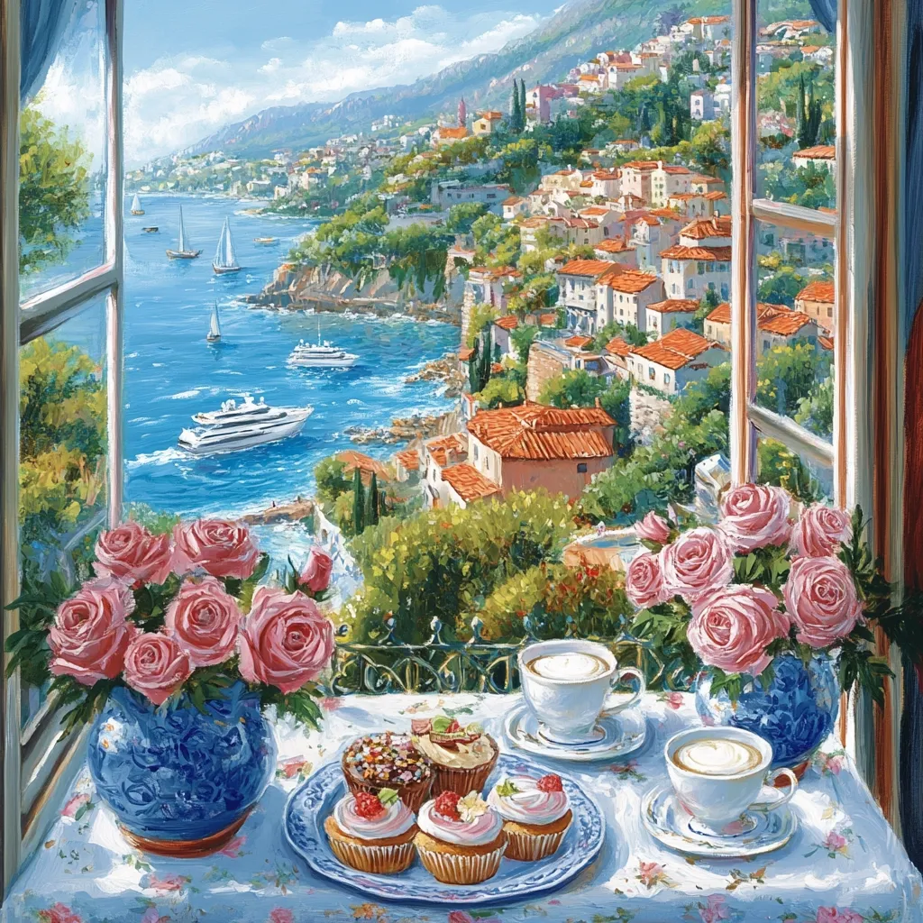 A picturesque coastal town viewed from a sunlit window.  Pink roses in a blue vase adorn a table set with two cups of coffee and a plate of delicious-looking cupcakes.  Yachts dot the azure waters below, creating a tranquil and idyllic scene. The vibrant colors and details of the painting evoke a sense of calm and serenity.