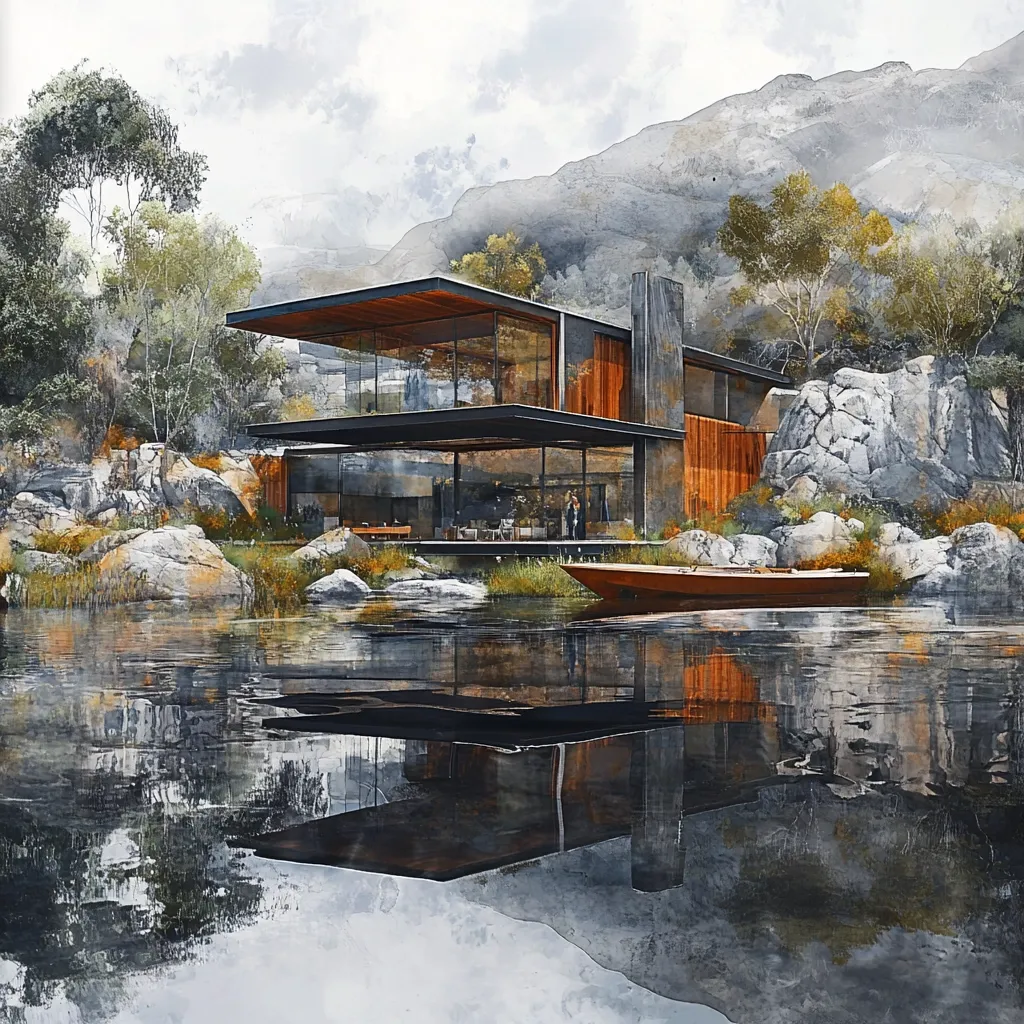 A stunning contemporary lake house nestled amongst rocky terrain and lush greenery.  The two-story home features large glass windows showcasing an open interior, and a wooden exterior complements the dark gray stone. A small wooden boat rests on the calm lake, reflecting the house and surrounding landscape, creating a serene and picturesque scene. The mountains in the background complete the idyllic setting.