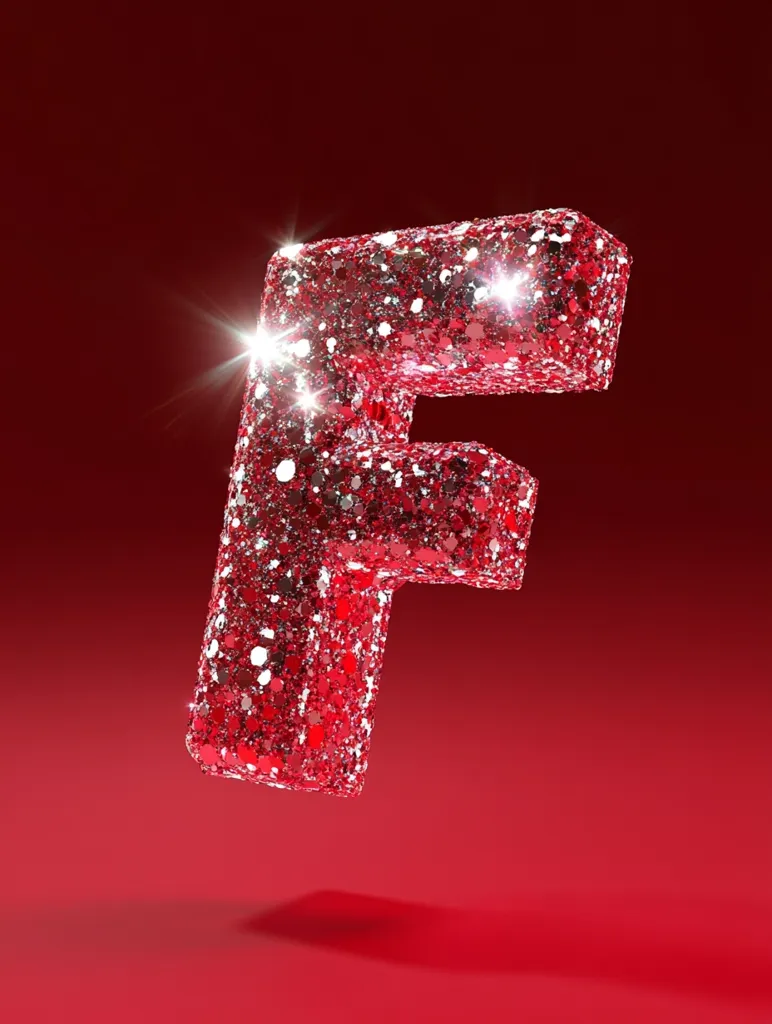 A glittering, three-dimensional letter "F" is showcased against a vibrant red backdrop.  The letter is crafted from a dense collection of red and silver glitter, creating a sparkling, festive effect.  Light glints off the textured surface, enhancing its brilliance. The overall image is visually striking and celebratory.