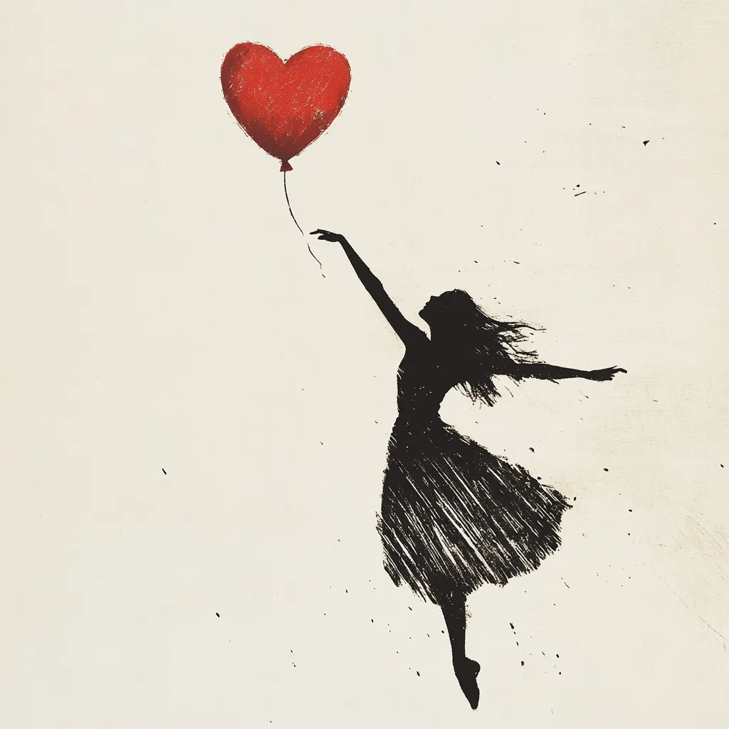 A minimalist artwork depicts a silhouetted woman in a dress, her arm reaching upward towards a red heart-shaped balloon.  The woman's form is created with expressive, textured brushstrokes, suggesting movement and freedom. The background is a muted beige, contrasting with the bold black silhouette and vibrant red balloon, creating a poignant and evocative image.