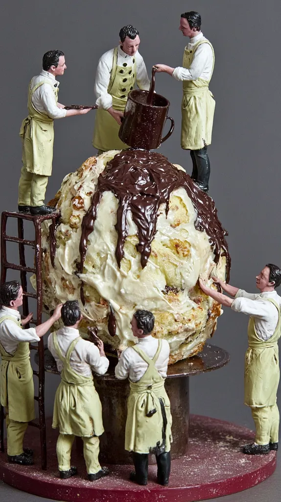 Miniature figures of bakers meticulously pour melted chocolate over a giant, cream-covered pastry.  The scene is intricately detailed, showing the bakers in period attire using ladders and various tools to coat the enormous confection.  The overall effect is a whimsical and charming depiction of pastry making on a grand scale.