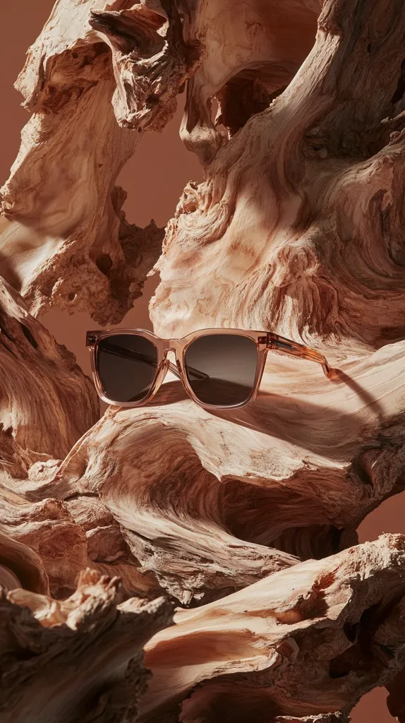 A pair of tortoiseshell sunglasses rests on a piece of intricately textured driftwood. The wood's warm, earthy tones complement the sunglasses' color.  The image's composition emphasizes the natural beauty of both the sunglasses and the driftwood, creating a visually appealing and aesthetically pleasing still life. The lighting highlights the textures and shapes, enhancing the overall sense of warmth and organic form.