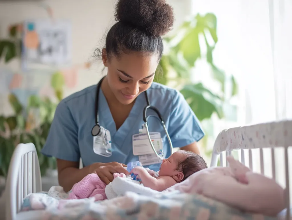 A young, female nurse with a stethoscope around her neck gently attends to a newborn baby lying in a crib.  She is smiling softly as she cares for the infant, who is wrapped in a pink blanket. The setting appears to be a hospital nursery, creating a warm and comforting atmosphere.  The nurse's attentive expression highlights her dedication and compassion.