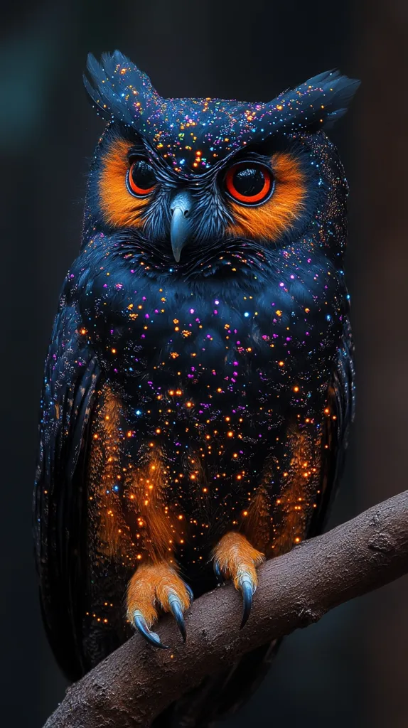 A digitally enhanced image showcases a majestic owl, its plumage a deep, dark blue speckled with vibrant orange and purple sparks, resembling a night sky.  The owl's piercing orange eyes and sharp talons are prominent.  It perches serenely on a dark branch, creating a captivating contrast against the mysterious background.  The overall effect is one of magical realism and ethereal beauty.