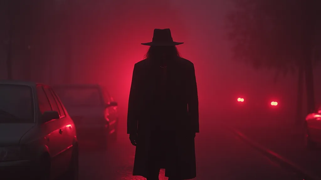 A figure in a long coat and hat walks down a foggy street at night.  Red taillights glow faintly through the dense fog, creating a crimson ambiance. The scene is mysterious and evocative, with the figure's silhouette sharply defined against the hazy red backdrop.  Cars are parked along the street, their forms obscured by the heavy mist.