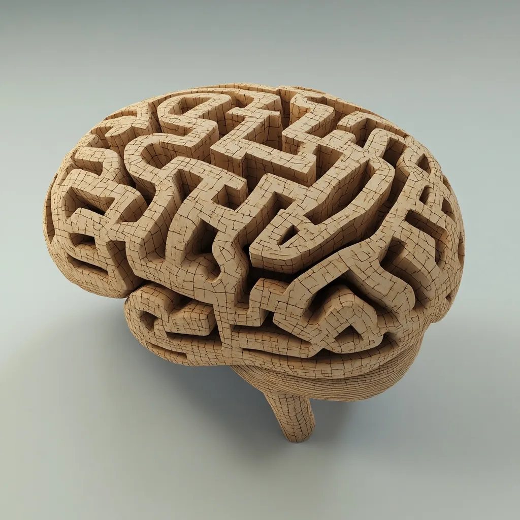 A three-dimensional model of a human brain is depicted, crafted from a light brown, textured material resembling wood or stone.  The brain's surface is intricately detailed with a maze-like pattern, emphasizing the complexity and interwoven nature of neural pathways. The overall texture gives a sense of age or wear, hinting at the accumulation of knowledge and experience. The model rests on a simple stem.