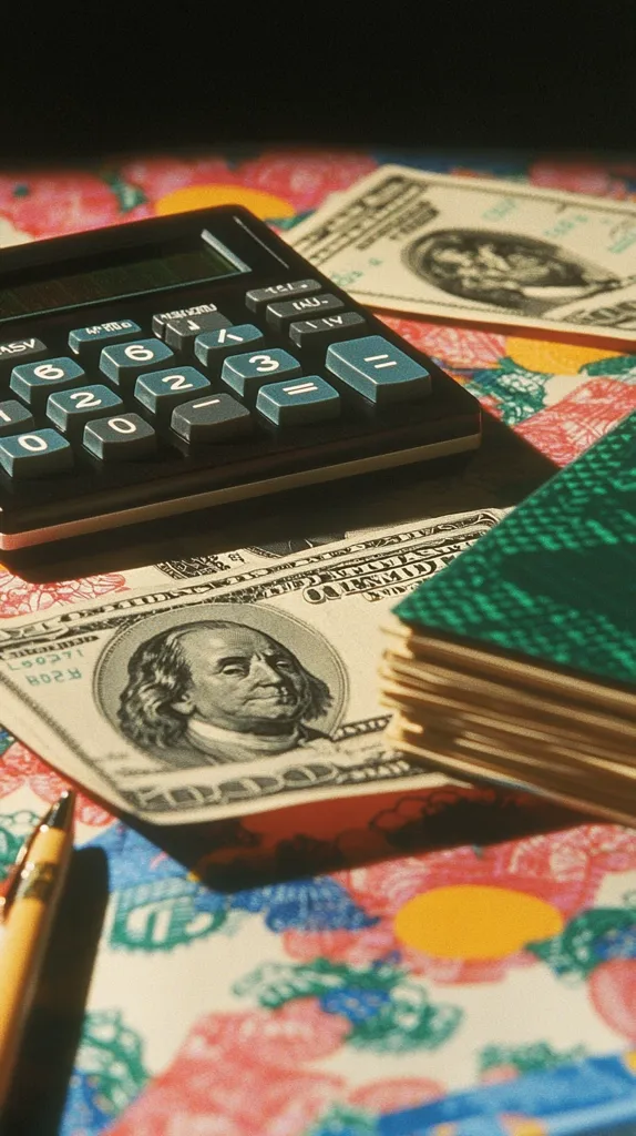 A calculator rests on a colorful surface amidst US dollar bills and a stack of green passports.  A pen is partially visible in the lower left corner. The scene suggests financial planning or travel budgeting, with the vibrant background adding a playful contrast to the serious subject matter. The image is sharpest on the calculator and closest bills, with the background slightly blurred.