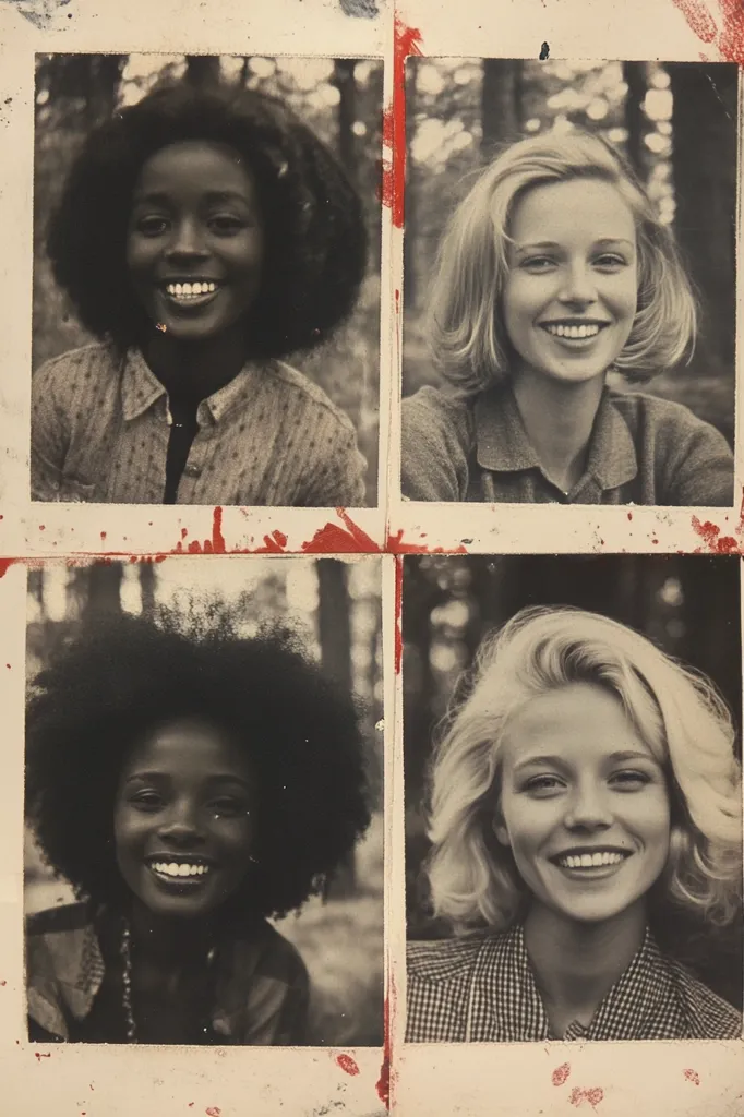 A collage of four black and white photographs shows the smiling faces of two Black women and two white women.  Each woman has distinct hairstyles—two with afros, and two with shorter, blonde bobs.  The photos appear to be casual snapshots, possibly from the same time period, and are arranged in a 2x2 grid on a textured, slightly distressed background with red paint splatters.