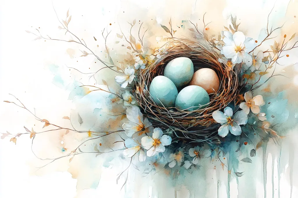 A watercolor painting depicts a bird's nest nestled amidst delicate white blossoms and slender branches.  Three eggs, two teal and one beige, rest within the woven nest.  The soft, ethereal style uses washes of pale blues, creams, and browns, creating a gentle and peaceful springtime scene.  Watercolor drips add texture and movement to the composition.