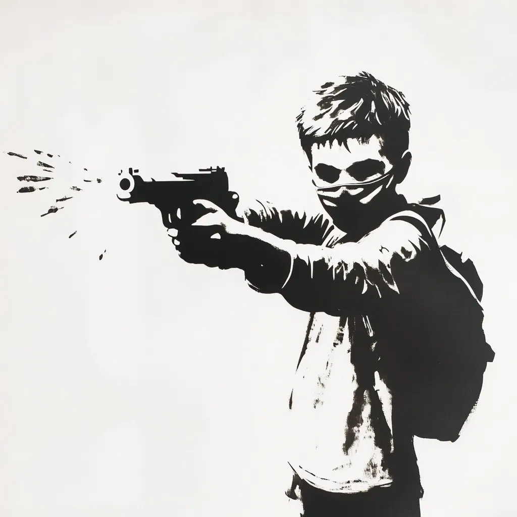 A stark black and white stencil-style image depicts a young boy, wearing a mask and backpack, aiming a handgun.  Bullet casings stream from the gun's barrel. The style is reminiscent of street art, creating a powerful and unsettling visual statement on youth violence and societal issues.  The monochromatic palette emphasizes the gravity of the scene.