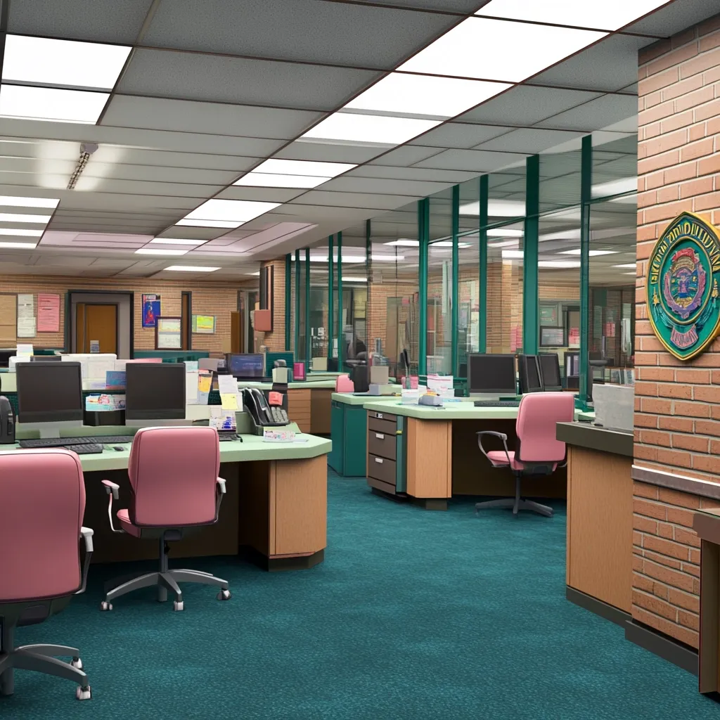 A brightly lit office, possibly a police station, features rows of desks with computers and pink chairs.  The teal carpet contrasts with the light wood furniture.  A large, framed seal is visible on a brick wall.  The space is organized and clean, with glass partitions separating different work areas.  Overall, the scene suggests a busy but efficient workplace.