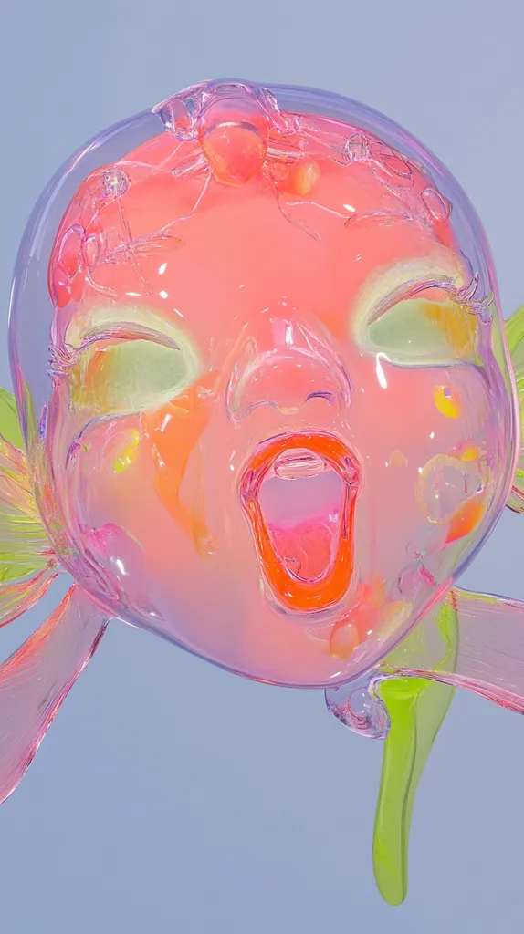 A translucent, pink figure resembling a baby's face with exaggerated features is depicted.  The figure's mouth is open in a shout, and it has flowing,  lime green appendages extending from the sides. The overall style is surreal and dreamlike, with a vibrant, almost glowing color palette. The image evokes a sense of playful unease.