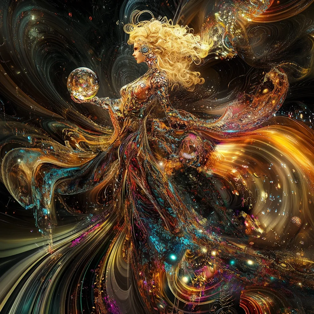 A digital painting depicts a blonde woman in a shimmering, ornate gown.  Her dress flows into swirling, cosmic patterns of gold, teal, and black.  She holds a luminous orb, her expression serene. The artwork blends fantastical elements with a celestial, almost otherworldly, background.  The overall effect is one of ethereal beauty and cosmic power.