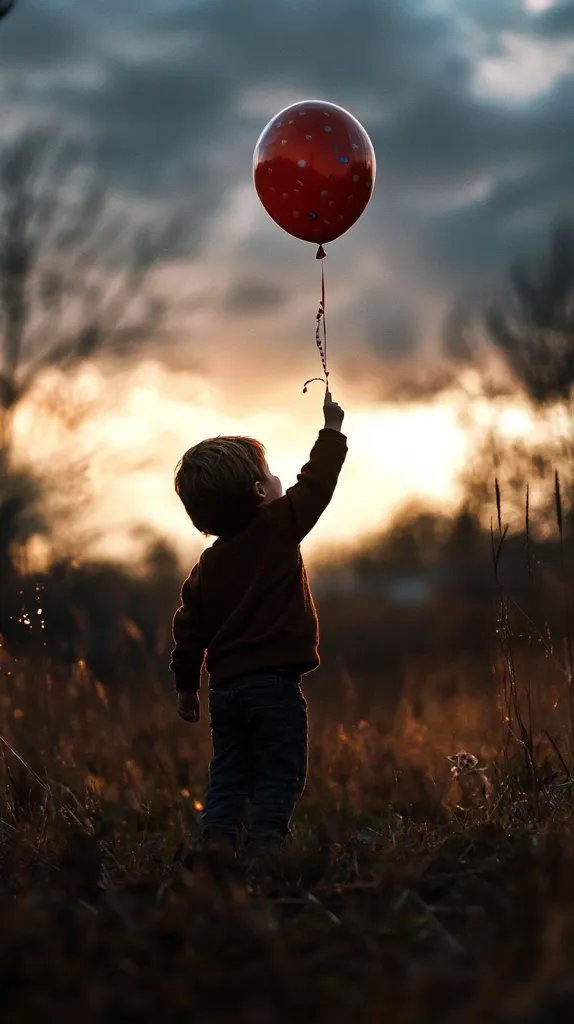 Silhouetted against a sunset, a young child reaches up to hold a red balloon speckled with white dots. The child stands in a field of tall grass, their figure dark against the warm, golden light.  The sky is a dramatic mix of dark clouds and vibrant sunset hues, adding depth to the scene. The image evokes a sense of wonder and childlike joy.