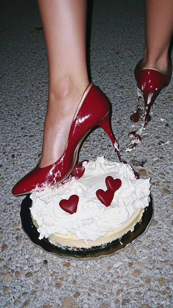 A woman in red high heels steps on a cheesecake, leaving a trail of creamy destruction.  The heels are shiny and the cheesecake is topped with whipped cream and red heart-shaped candies.  The scene is set outdoors on a textured surface, suggesting a moment of playful carelessness or deliberate destruction. The overall mood is slightly mischievous.
