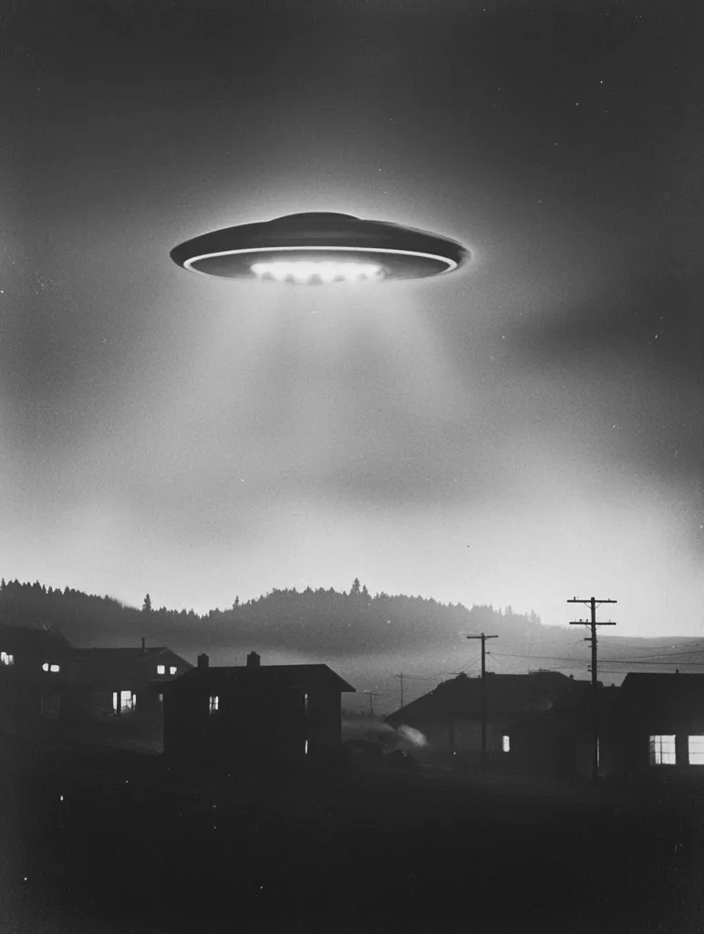 A black and white photograph depicts a classic flying saucer hovering silently above a small town at night.  The saucer is illuminated from below, casting a beam of light downward.  The town's houses are silhouetted against a hazy, dark background, creating a mysterious and somewhat ominous atmosphere. The image evokes a sense of science fiction and the unknown.