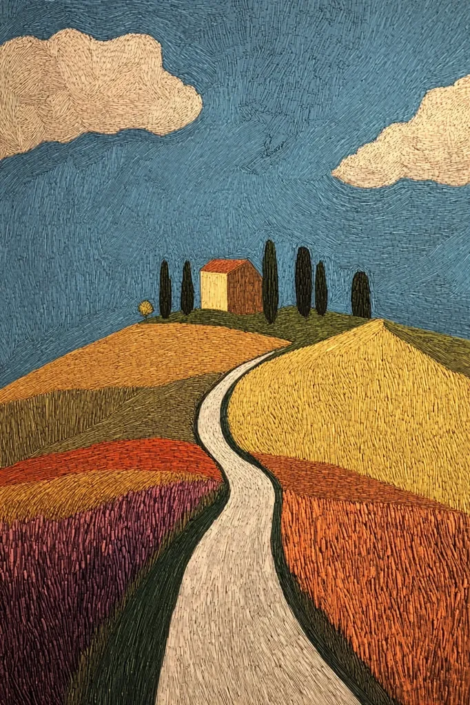 A stylized embroidered landscape depicts a winding road through rolling hills of varying colors, including gold, orange, purple, and green.  A small yellow house sits atop a hill, flanked by dark green cypress trees.  The sky is a vibrant blue with fluffy white clouds. The textured embroidery creates a three-dimensional effect.