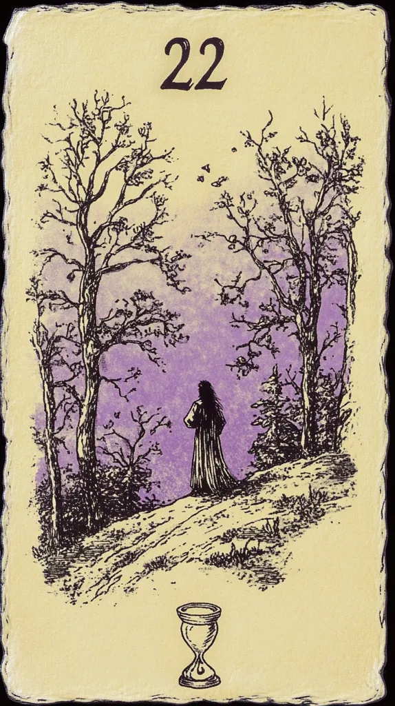 A tarot card, number 22, depicts a solitary figure in a long robe walking away on a path through a sparse, wintry wood under a pale purple sky.  Bare, dark trees frame the scene.  At the bottom, a small hourglass-shaped chalice rests on the ground. The style is reminiscent of pen-and-ink illustration, with a textured, antique-style background.