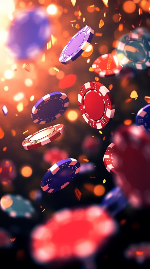 Colorful casino chips float in mid-air against a blurred background of warm, orange and red lights.  The chips are various colors, including red, purple, and blue, and appear to be in motion, creating a dynamic and exciting image suggestive of a high-stakes game or win.  Sparks or confetti add to the celebratory feel.