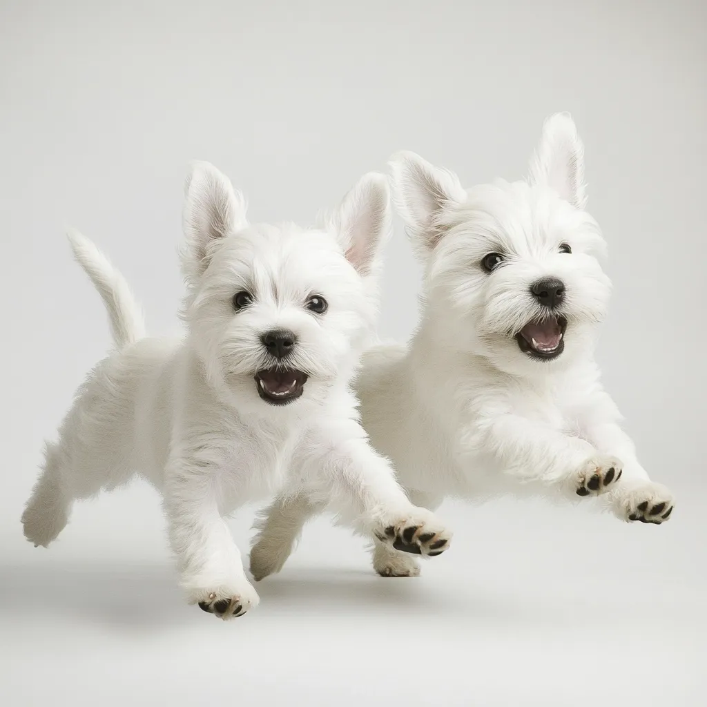 Two adorable West Highland White Terrier puppies are captured mid-leap against a clean, light gray background.  Their fluffy white coats are pristine, and their mouths are open in joyful expressions.  They appear to be running towards the viewer, full of playful energy. The image is bright and cheerful, showcasing the puppies' exuberance.