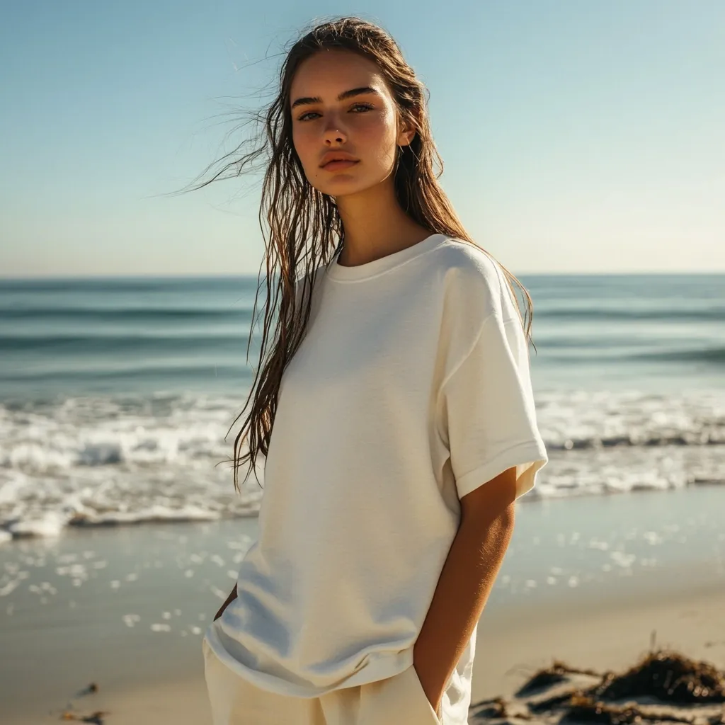 A young woman with long, wet brown hair stands on a sandy beach, facing the camera.  She's wearing a loose-fitting, off-white, short-sleeved shirt and cream-colored pants. The ocean waves gently lap the shore behind her, creating a serene and sun-drenched coastal scene.  Her expression is calm and confident.