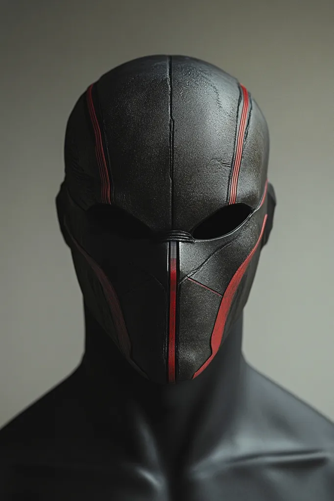 A close-up shot reveals a meticulously crafted black mask, accented with bold red lines.  The mask's texture suggests a leather or similar material, giving it a slightly weathered appearance.  It's displayed on a dark mannequin, emphasizing its form and design.  The overall aesthetic is futuristic and subtly menacing.