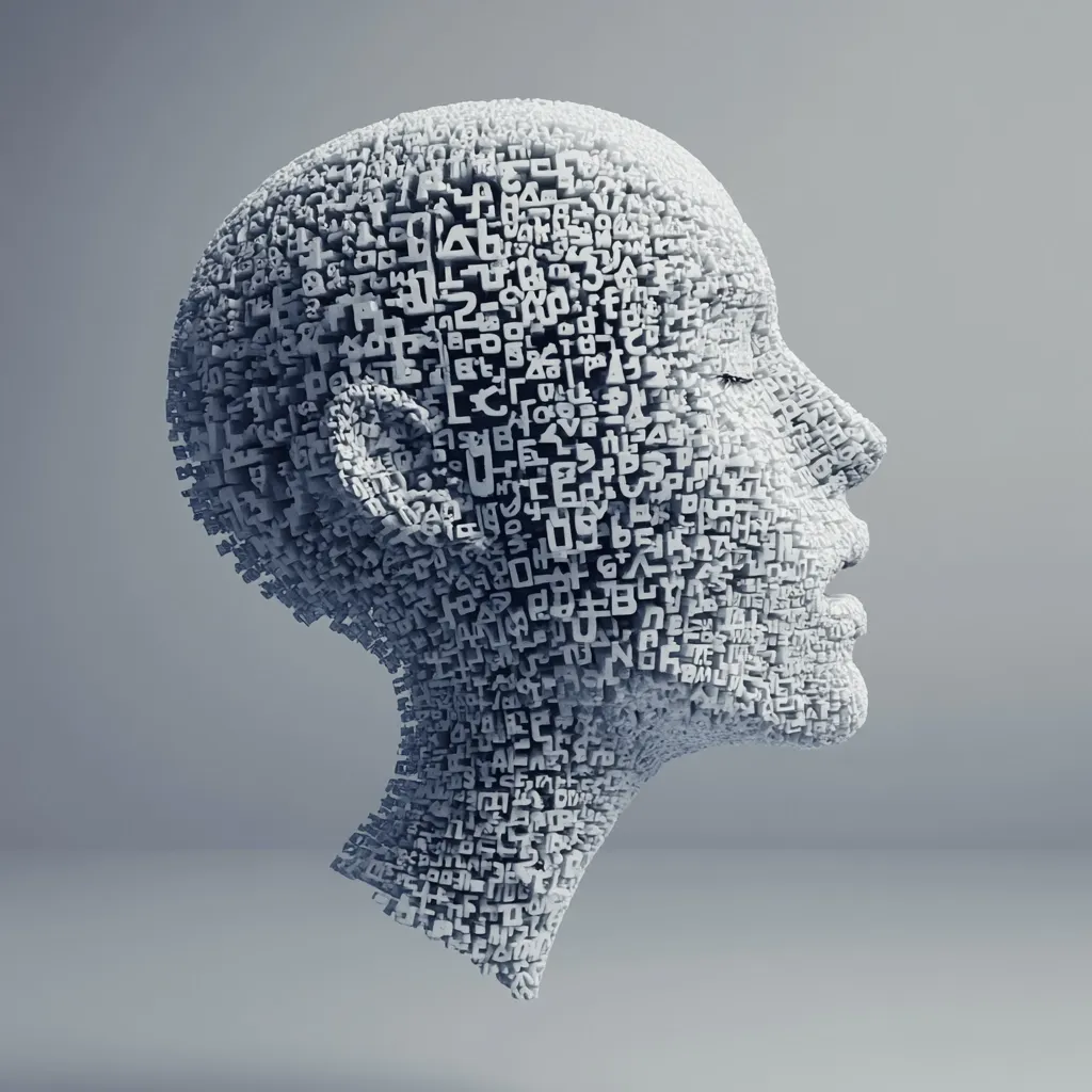 A three-dimensional rendering depicts a human head and neck in profile view.  The head is composed of numerous small, cube-like elements, each imprinted with a letter or number.  The overall effect is a textured, abstract representation of the human form constructed from textual information, suggesting the concepts of knowledge, thought, or data. The color palette is monochromatic, with varying shades of gray.