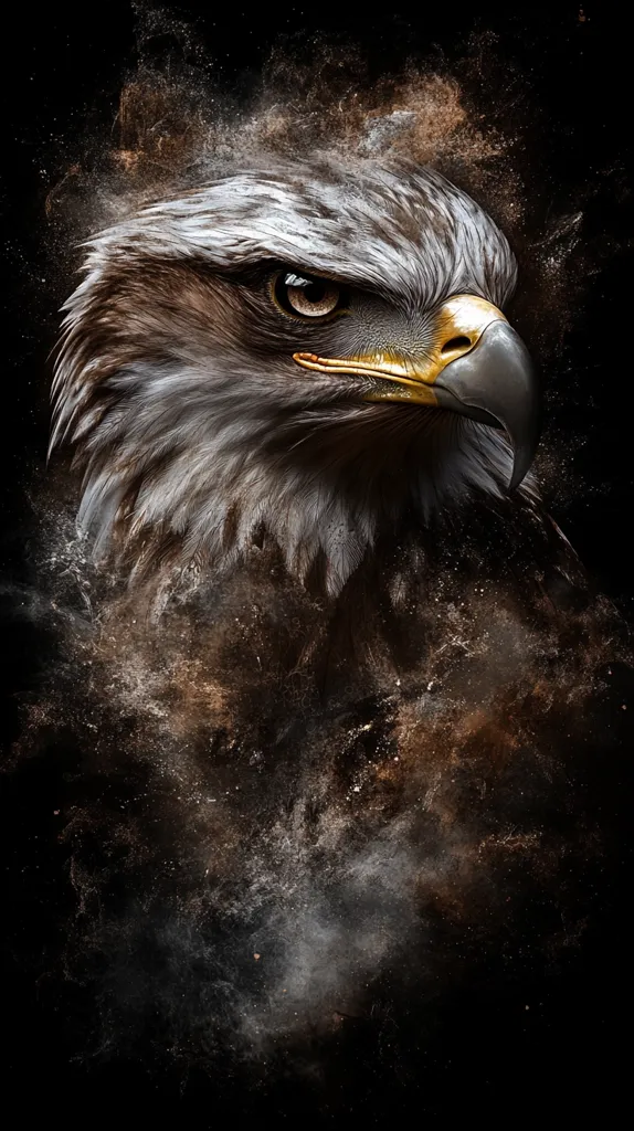 A majestic eagle's head and shoulders are captured in a dramatic close-up.  Its intense gaze and sharp beak are highlighted against a dark background filled with swirling dust and particles, creating a sense of power and mystery. The eagle's feathers are detailed, showing texture and individual strands. The overall effect is a striking and artistic portrayal of a powerful bird of prey.