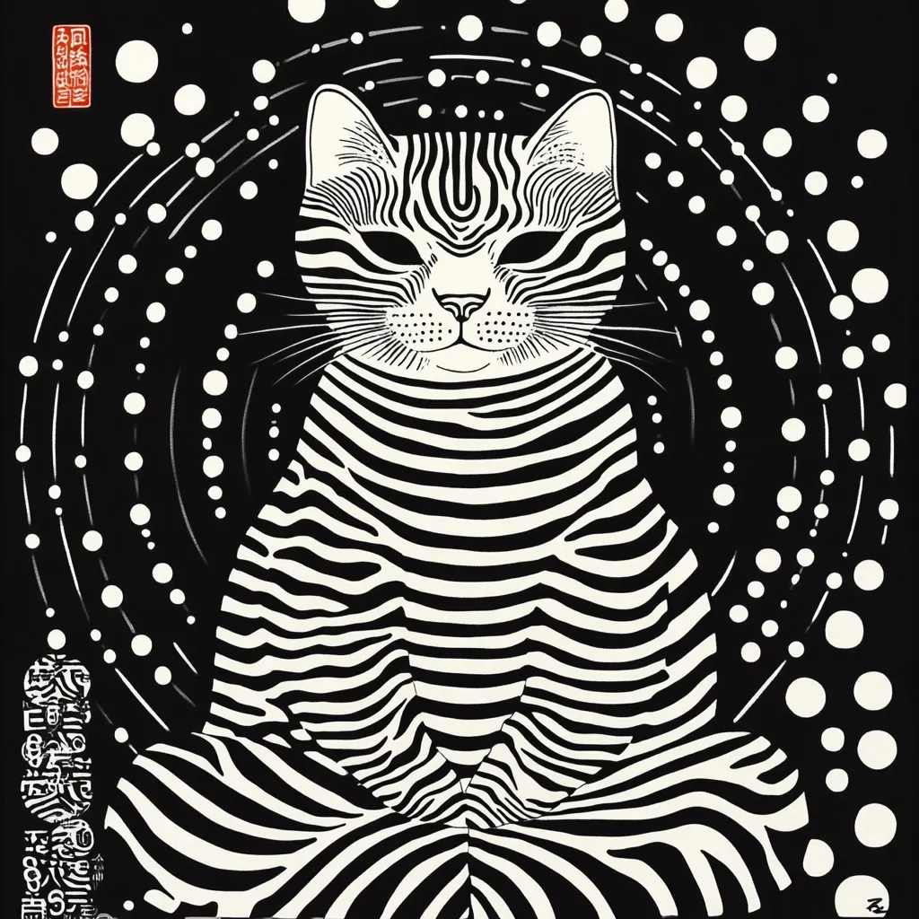 A stylized black and white illustration depicts a cat in a meditative pose.  The cat's fur is rendered as bold, zebra-like stripes, contrasting sharply against a dark background.  Surrounding the cat is a swirling pattern of dots and lines, suggesting movement or energy. The overall style is reminiscent of woodblock prints, with a strong graphic quality. The image has a calm and somewhat mystical atmosphere.