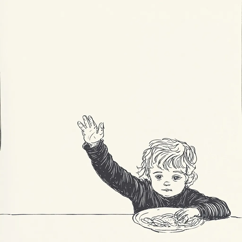 A hand-drawn illustration depicts a young child sitting at a table with a plate of food.  The child has their hand raised, possibly asking a question or requesting something.  The style is simple line art, reminiscent of a sketch or children's book illustration.  The background is plain, drawing focus to the child's action. The overall tone is quiet and observant.