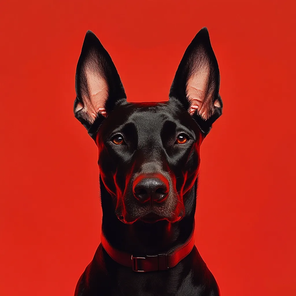 A striking close-up portrait of a black dog against a vibrant red backdrop.  The dog's large, erect ears and intense gaze command attention. Its dark fur contrasts sharply with the background, creating a dramatic and visually arresting image. The dog wears a simple black collar. The lighting accentuates the dog's features, highlighting its powerful presence.