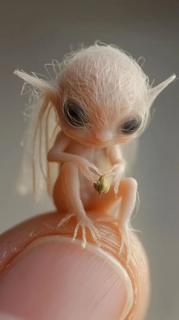 A tiny, pale creature with fine, hair-like strands covering its body sits on a finger.  It has large, dark eyes and pointed ears.  Its delicate limbs are thin and end in small, clawed fingers. The creature holds a small, seed-like object in its hands. Its overall appearance is otherworldly and delicate.