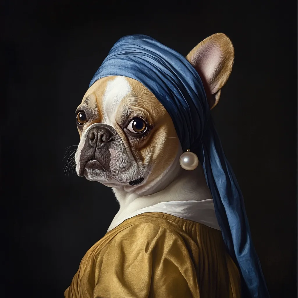 A French Bulldog, artfully depicted in the style of Johannes Vermeer's "Girl with a Pearl Earring," wears a blue headscarf and a pearl earring.  The dog's expression is serious and engaging, mirroring the iconic painting's subject.  The rich textures of the fabric and fur are meticulously rendered, creating a striking and humorous juxtaposition of animal and artistic history.