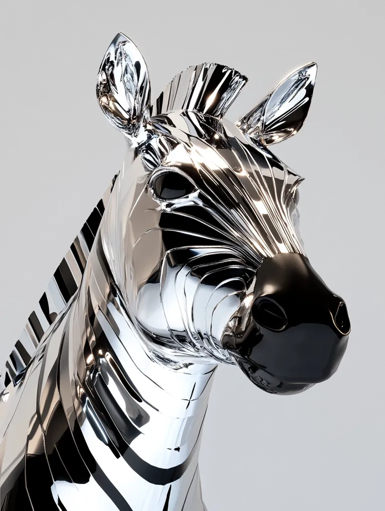 A close-up showcases a striking chrome zebra sculpture.  The highly polished metal reflects light, accentuating the zebra's stripes and the intricate detailing of its mane and ears. The nose is a contrasting matte black. The sculpture's sleek, modern design presents a captivating blend of animal form and metallic artistry.