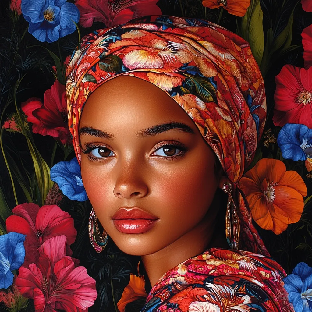 A hyperrealistic portrait of a young Black woman, her face glowing with a warm light. She wears a vibrant floral headscarf in oranges and reds, complementing the rich hues of the flowers surrounding her.  Her expression is serene yet captivating, her dark eyes drawing the viewer in.  The detailed rendering emphasizes the texture of both her skin and the fabric. The overall effect is one of beauty and elegance.
