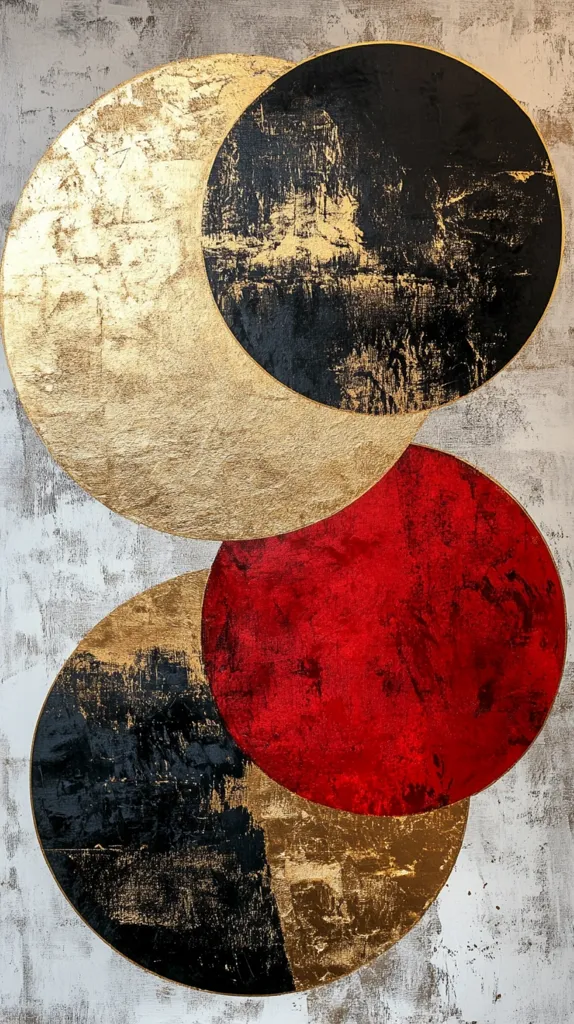 An abstract painting features three overlapping circles in black, gold, and red.  The circles are textured, with visible brushstrokes and a distressed, aged appearance.  Gold leaf accents add luminosity to the black and gold sections. The background is a light gray with a textured, almost concrete-like effect, providing a neutral backdrop for the vibrant circular forms. The overall style is modern and bold.