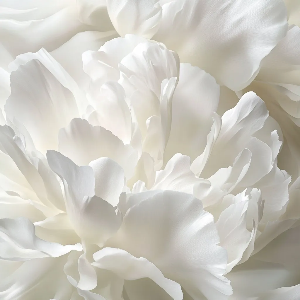 A close-up shot reveals the delicate, creamy white petals of a peony in full bloom.  The soft light accentuates the subtle texture and layered complexity of the flower's structure.  Each petal unfolds gracefully, creating a visually stunning display of pure, ethereal beauty. The image exudes a sense of calmness and elegance.