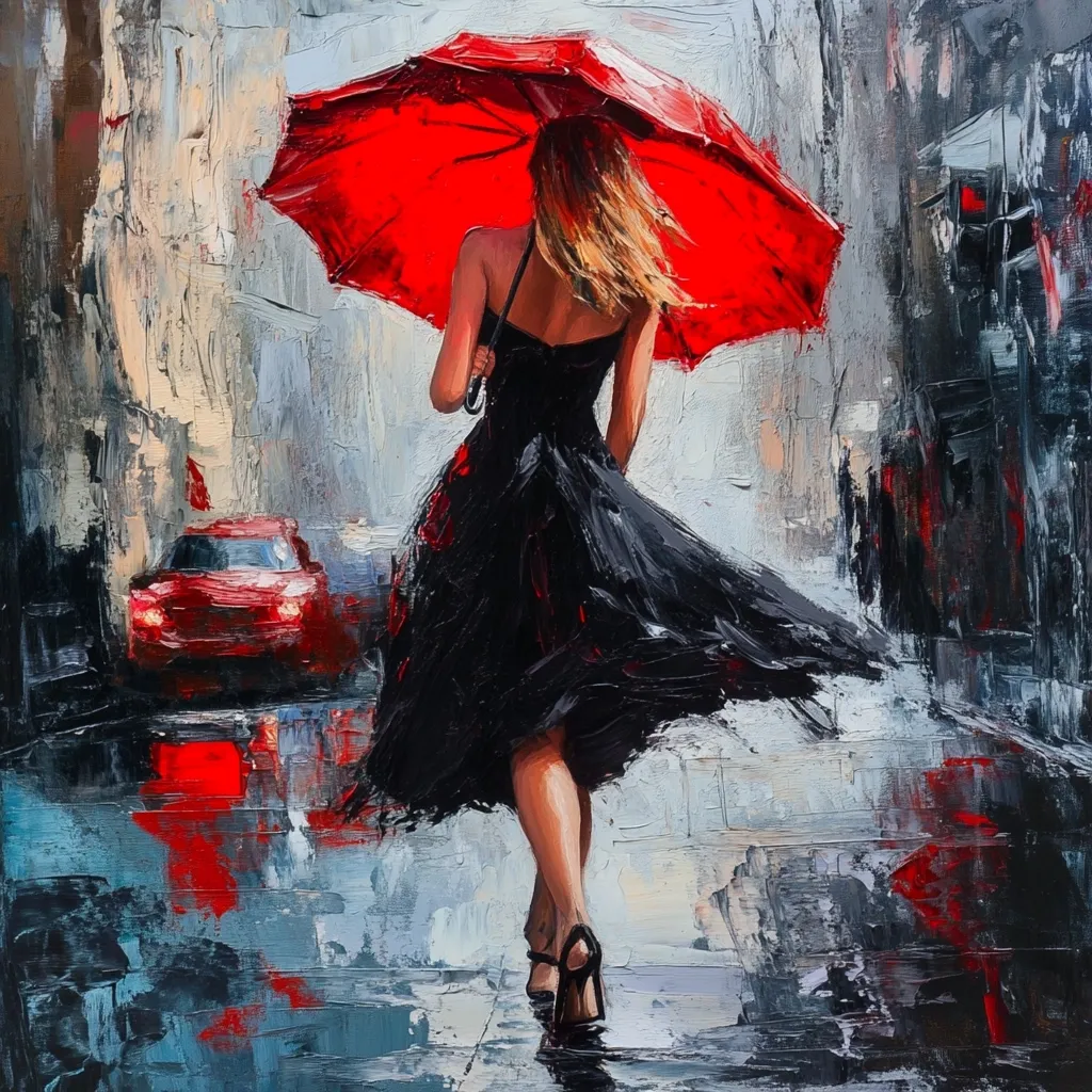 A vibrant oil painting depicts a woman in a flowing black dress, gracefully walking away from the viewer under a bright red umbrella on a rainy city street.  Her blonde hair streams behind her. The wet street reflects the red hues of the umbrella and a passing car, creating a dynamic interplay of color and texture. The artist's impasto technique adds depth and movement to the scene.