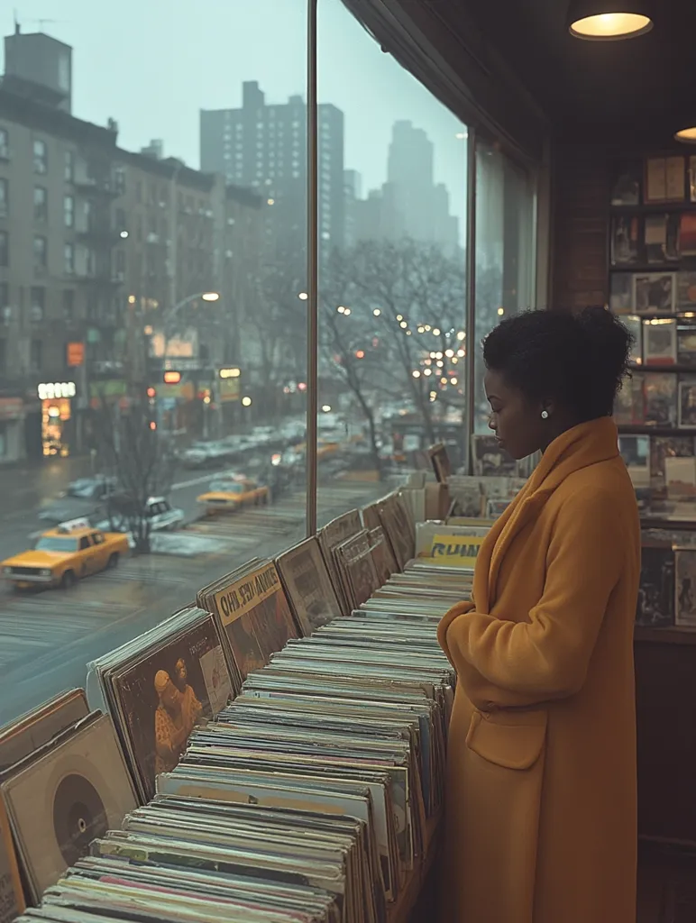 A woman in a mustard-colored coat stands in a record store, browsing through rows of vinyl records.  A large window reveals a blurred city street scene on a rainy day.  City lights twinkle in the distance, creating a moody atmosphere. The scene evokes a feeling of nostalgia and quiet contemplation.
