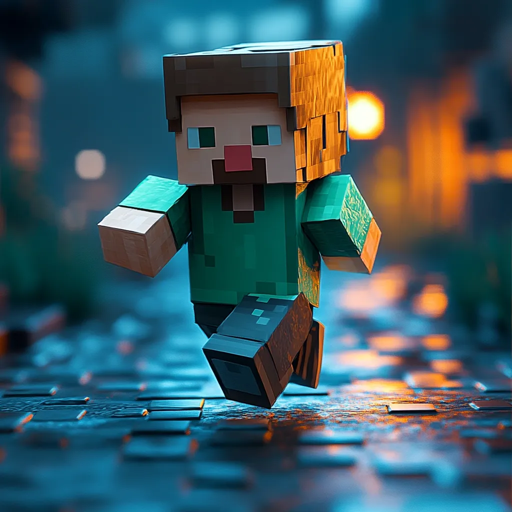 A Minecraft Steve character is depicted running across a cobblestone street at night. The image is rendered in a realistic style, with the blocky Steve figure standing out against a blurred background of city lights.  Steve's green shirt and brown hair are clearly visible as he appears to be in motion, his feet barely touching the ground. The overall atmosphere is dark and moody, emphasizing the character's dynamic movement.