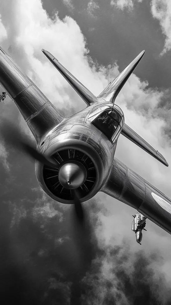 A black and white, low-angle close-up shot of a vintage propeller airplane in flight.  The aircraft is metallic, reflecting light, and details like the propeller, cockpit, and undercarriage are clearly visible. The plane is set against a dramatic, cloudy sky.  The image conveys a sense of speed and power.