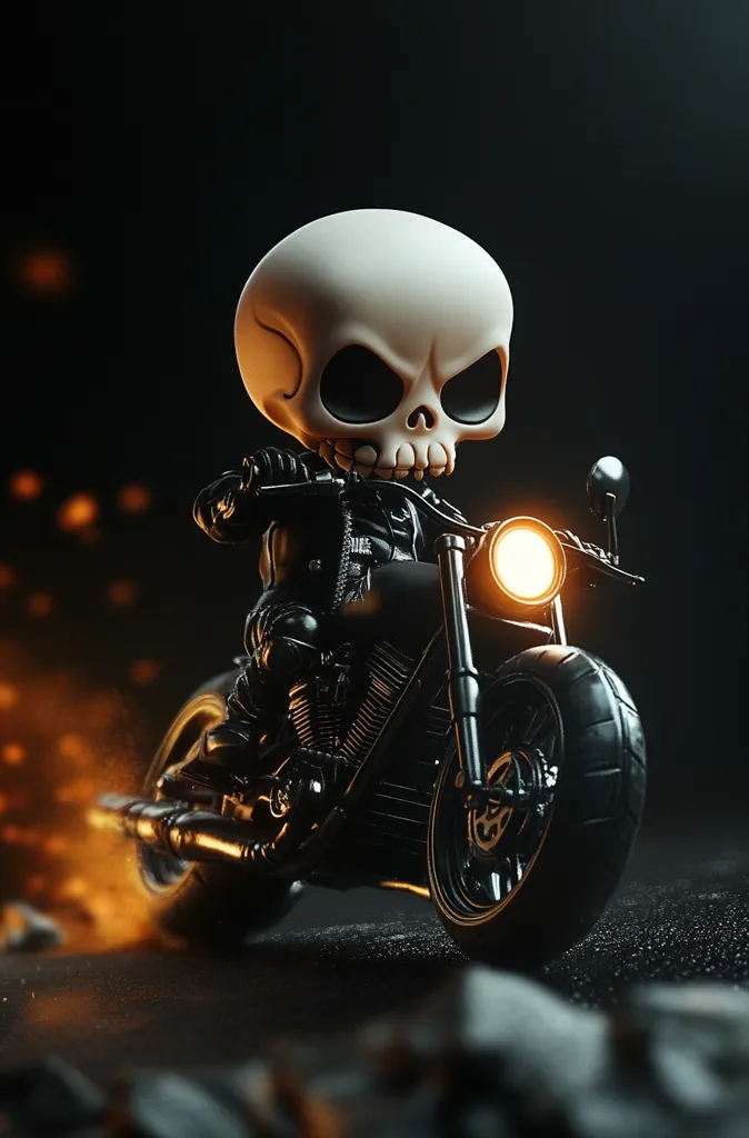 A cute, chibi-style skull figure rides a powerful, black motorcycle.  The skull, wearing a leather jacket, grips the handlebars as the bike speeds along, leaving a fiery trail. The scene is dark and dramatic, emphasizing the skull's mischievous grin and the bike's sleek design.  The overall aesthetic blends cuteness with a rebellious, biker theme.