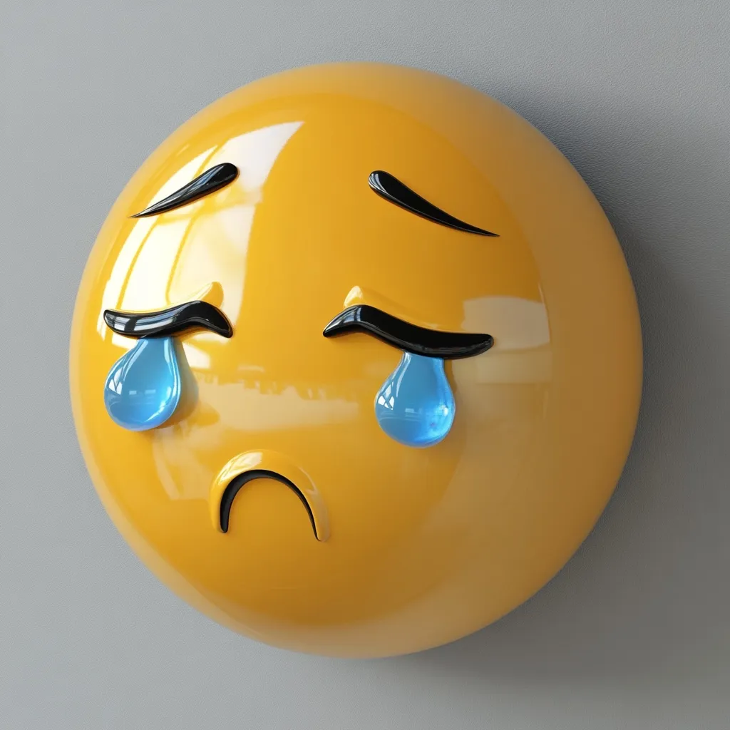 A 3D rendering of a yellow emoticon with a sad expression.  The emoticon has downturned eyebrows and a frown, with single teardrops rolling down its cheeks.  The glossy surface of the sphere reflects light, enhancing the three-dimensional effect. The overall impression is one of dejection and sadness.