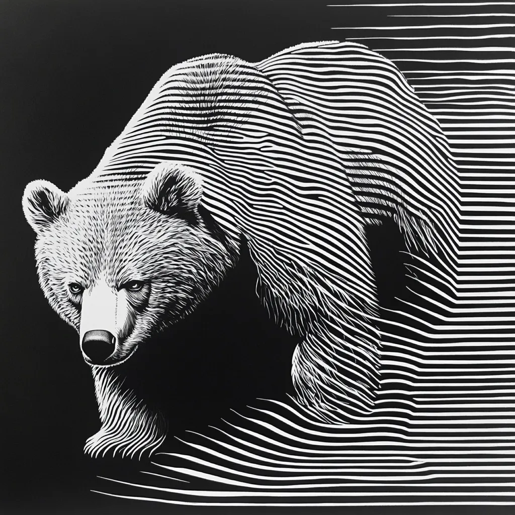 A striking black and white artwork depicts a grizzly bear rendered in parallel lines. The lines create a powerful visual effect, emphasizing the bear's musculature and fur. The bear's intense gaze and strong posture convey a sense of dominance and power.  The background's dynamic lines enhance the overall sense of motion and energy.  The contrast between black and white is stark and dramatic.