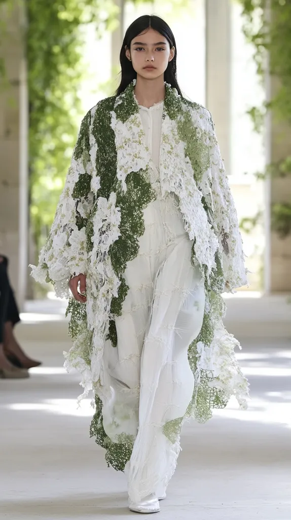 A model showcases a unique avant-garde design.  The outfit features a flowing white pant-suit layered with a dramatically oversized, green and white, textured overlay.  The overlay appears to be crafted from lace or a similar delicate fabric, creating a striking contrast against the sleek white underneath. The overall effect is one of ethereal elegance and artistic expression.