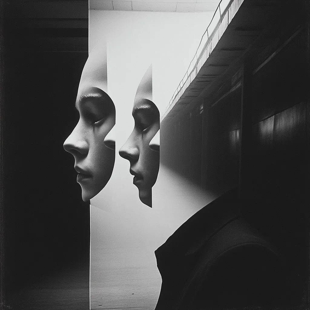 A monochromatic surreal portrait showcases two sculpted faces, seemingly merging into one. The faces, in profile, are partially obscured, creating a sense of fragmented identity.  The subject stands against a backdrop of a stark, industrial hallway, contrasting the softness of the sculpted faces with the harshness of the setting. The overall effect is one of mystery and introspection, exploring themes of duality and hidden selves.