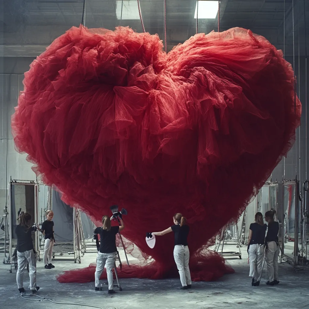 A massive, heart-shaped sculpture crafted from voluminous red tulle dominates a large industrial space.  Several workers are seen around its base, meticulously attending to the fabric.  The sheer scale of the artwork is emphasized by the surrounding environment and the figures, creating a dramatic and visually arresting scene.  The image conveys a sense of both artistry and the labor involved in creating such a large-scale installation.
