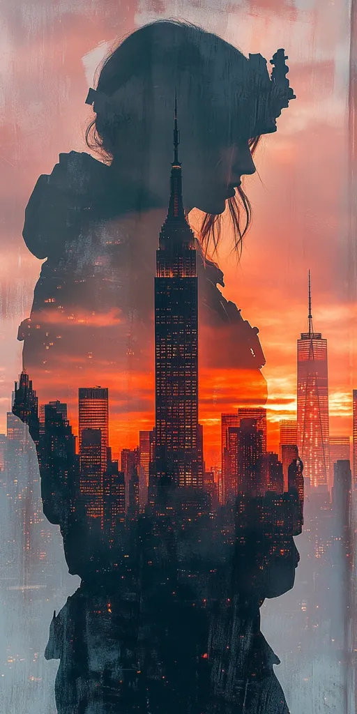 A silhouette of a woman, possibly a soldier, is superimposed over a vibrant cityscape at sunset. The Empire State Building and One World Trade Center are prominent features of the skyline. The image uses a double exposure technique, blending the woman's form with the urban landscape to create a striking visual metaphor of urban life and personal reflection. The artwork evokes feelings of solitude and contemplation within a bustling environment.  A textured, painterly effect adds to the image's dramatic mood.