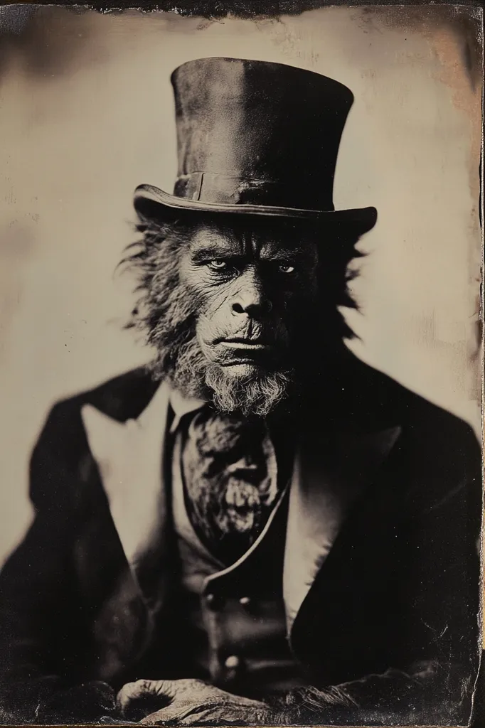 A striking monochrome portrait, styled like an antique photograph, depicts a chimpanzee in a top hat and waistcoat.  The ape's expression is serious and intense, its gaze directly engaging the viewer. The image's texture and tone evoke a sense of age and mystery, creating a powerful and unsettling contrast between the human attire and the primate subject. The overall effect is one of sophisticated yet slightly disturbing artistry.
