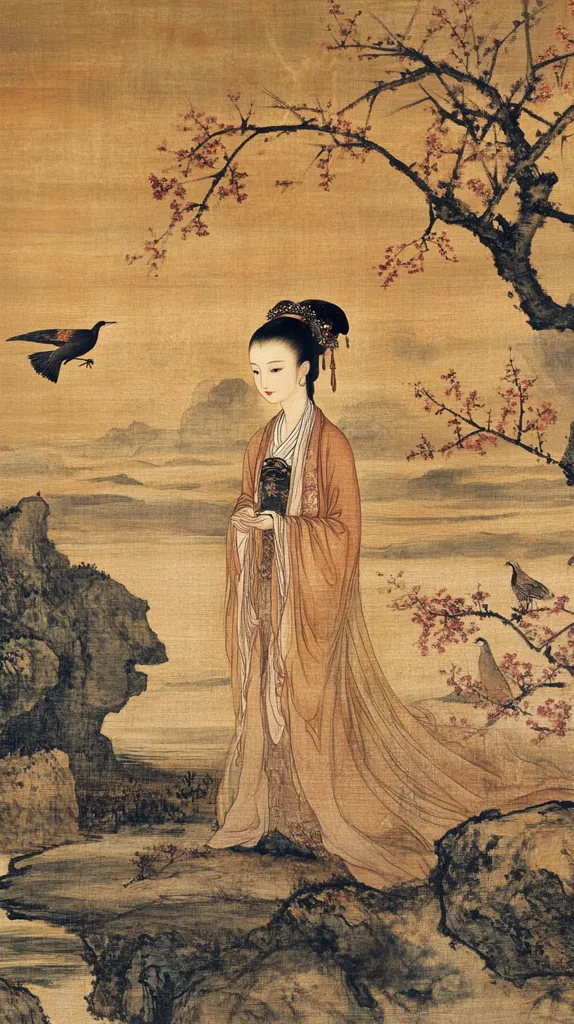 A serene painting depicts a woman in flowing peach-colored robes standing on a rocky outcrop.  She holds a dark object, possibly a fan, and gazes pensively towards a misty landscape.  A blossoming plum tree branches overhead, and birds are perched on its branches and fly in the sky. The overall aesthetic is one of quiet contemplation and natural beauty.  The muted palette and delicate brushstrokes emphasize the contemplative mood.